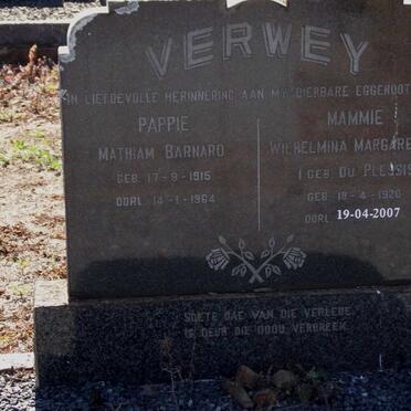 VERWEY Mathiam Barnardo 1915-1964 &amp; Wilhelmina Margaretha DU PLESSIS 1920-2007
