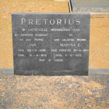 PRETORIUS Jan 1899-1972 &amp; Maryna E. VORSTER 1905-1985