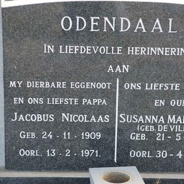 ODENDAAL Jacobus Nicolaas 1909-1971 &amp; Susanna Margaretha DE VILLIERS 1915-1993