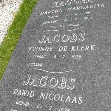 KRUGER Martha Margarita 1911-1992 :: JACOBS Yvonne de Klerk 1938-  :: JACOBS Dawid Nicolaas 1935-