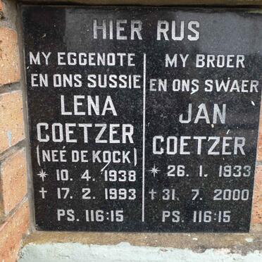 COETZER Jan 1933-2000 &amp; Lena De KOCK 1938-1993