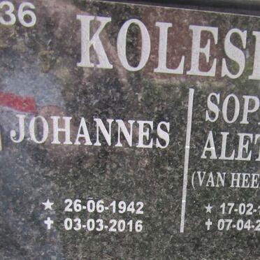 KOLESKY Johannes 1942-2016 &amp; Sophia Aletta VAN HEERDEN 1941-2015