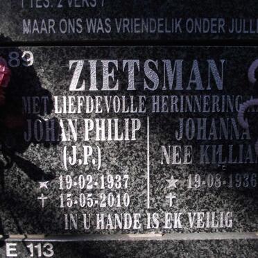 ZIETSMAN Johan Philip 1937-2010 &amp; Johanna KILLIAN 1936-