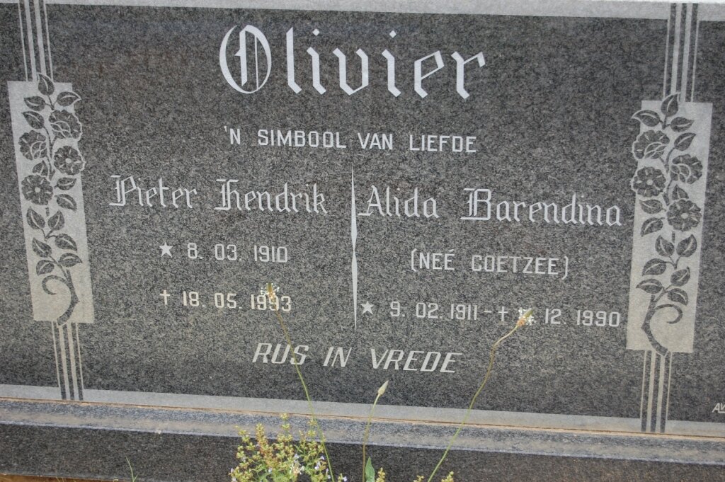 OLIVIER Pieter Hendrik 1910-1993 &amp; Alida Barendina COETZEE 1911-1990