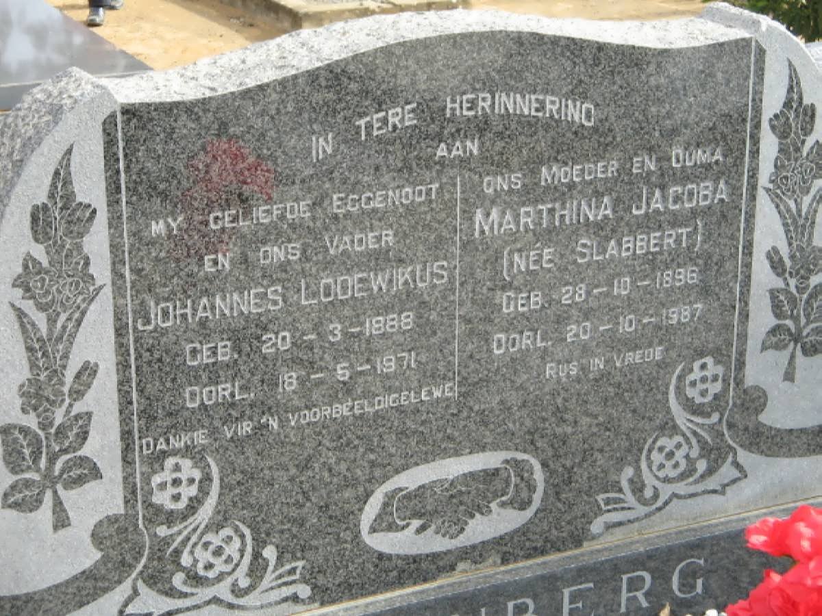 STEENBERG Johannes Lodewikus 1888-1971 & Marthina Jacoba SLABBERT 1896-1987