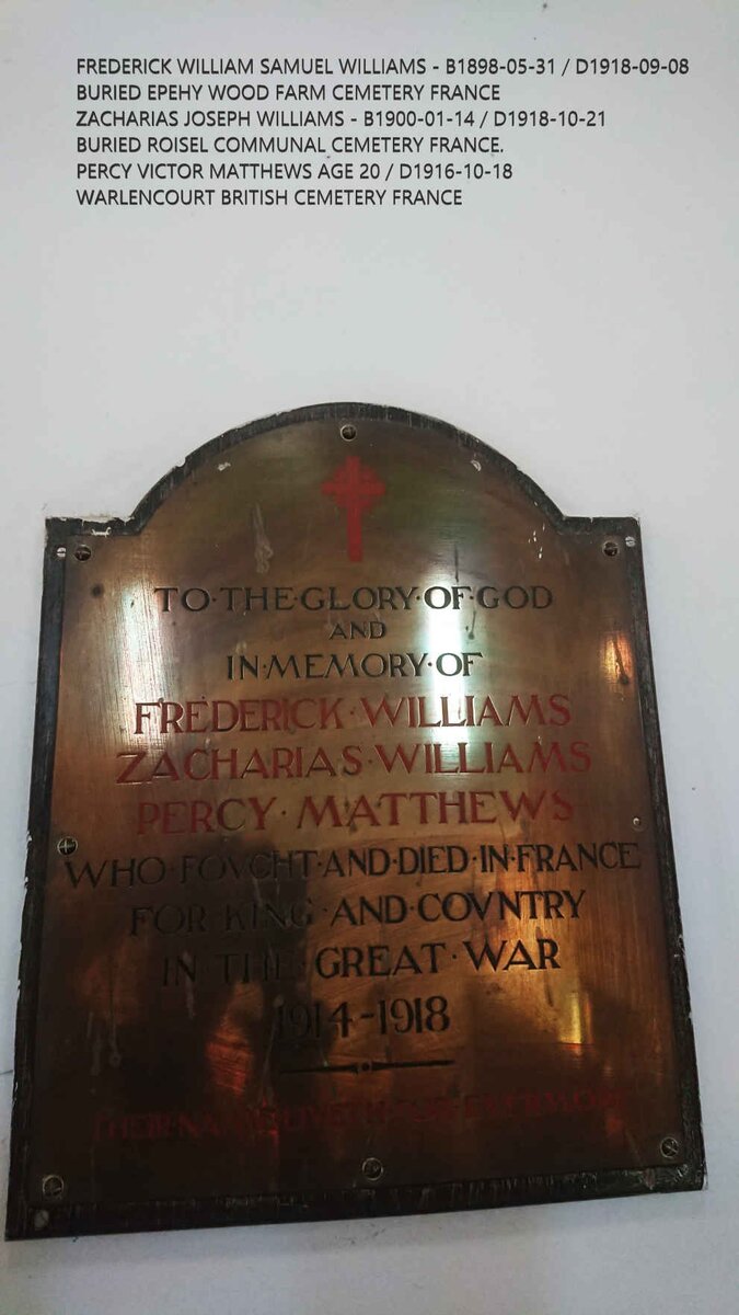 WILLIAMS Frederick William Samuel 1898-1918 :: WILLIAMS Zacharias Joseph 1900-1918 :: MATTHEWS Percy Victor -1916