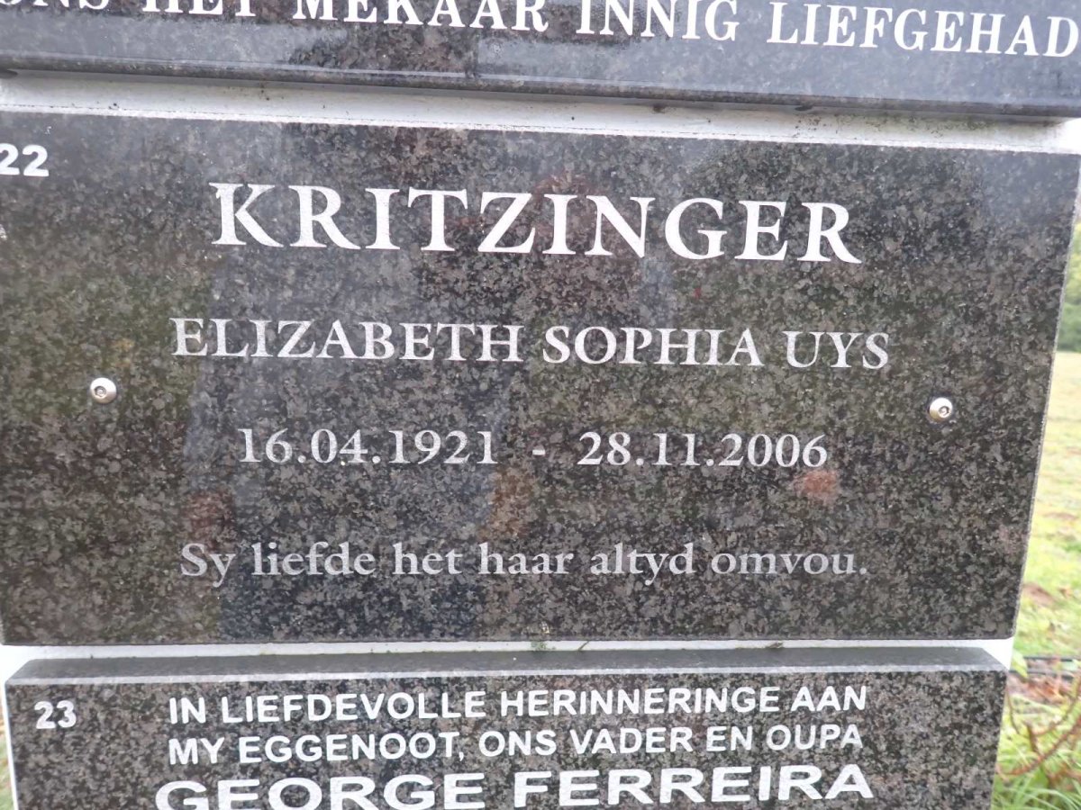 KRITZINGER Elizabeth Sophia Uys 1921-2006