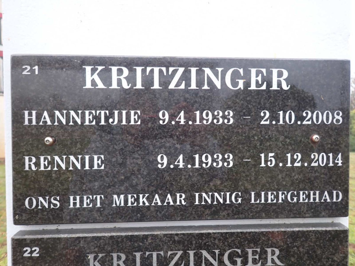 KRITZINGER Hannetjie 1933-2008 :: KRITZINGER Rennie 1933-2014