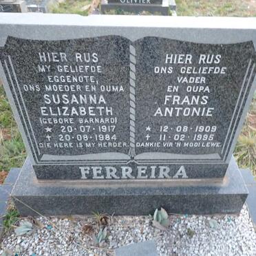 FERREIRA Frans Antonie 1909-1995 & Susanna Elizabeth nee BARNARD 1917-1984