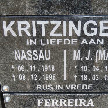 KRITZINGER Nassau 1918-1996 &amp; M.J. 1917-1999