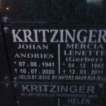 KRITZINGER Johan Andries 1941-2020 &amp; Mercia Lenette GERBER 1943-2011