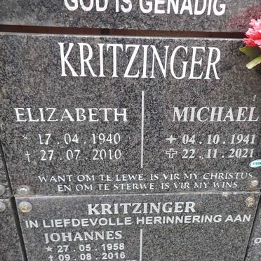 KRITZINGER Michael 1941-2021 &amp; Elizabeth 1940-2010