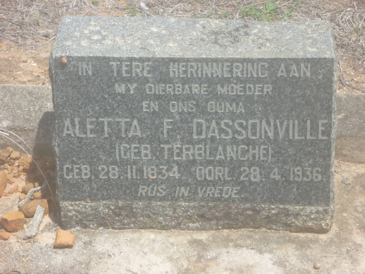 DASSONVILLE Aletta F. nee TERBLANCHE 1834-1936