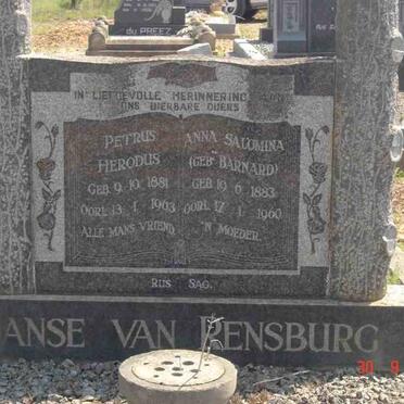 RENSBURG Petrus Herodus, Janse van 1881-1963 &amp; Anna Salomina BARNARD 1883-1960