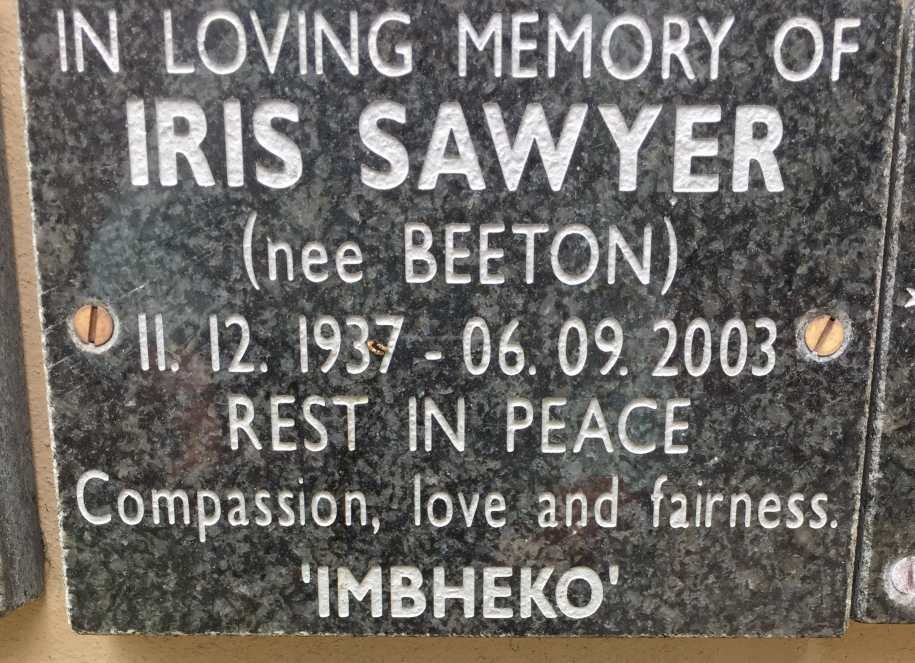 SAWYER Iris nee BEETON 1937-2003