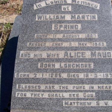 SPRING William Martin 186?-1955 &amp; Alice Maud LONGMORE 1865-1972