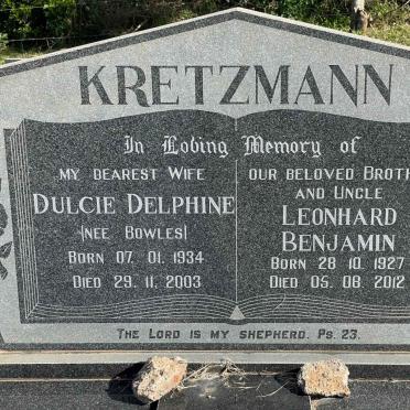 KRETZMANN Leonhard Benjamin 1927-2012 &amp; Dulcie Delphine nee BOWLES 1934-2003