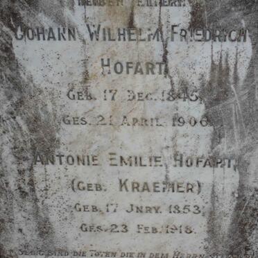 HOFART Johann Wilhelm Friedrich 1845-1906 &amp; Antonie Emily KRAEMER 1853-1918 