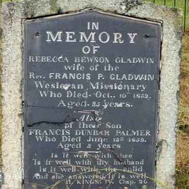 GLADWIN Rebecca Hewson -1852 :: GLADWIN Francis Dunbar Palmer -1852