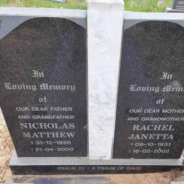 ? Nicholas Matthew 1926-2000 &amp; Rachel Janetta 1931-2002