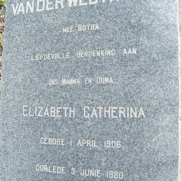WESTHUIZEN Elizabeth Catherina, van der nee BOTHA 1906-1980