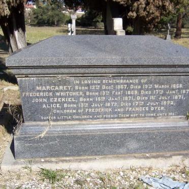 DYER Margaret 1867-1868 ::  DYER Frederick Whitcher 1869-1870 ::  DYER John Ezekiel 1871-1871 ::  DYER Alice 1872-1872