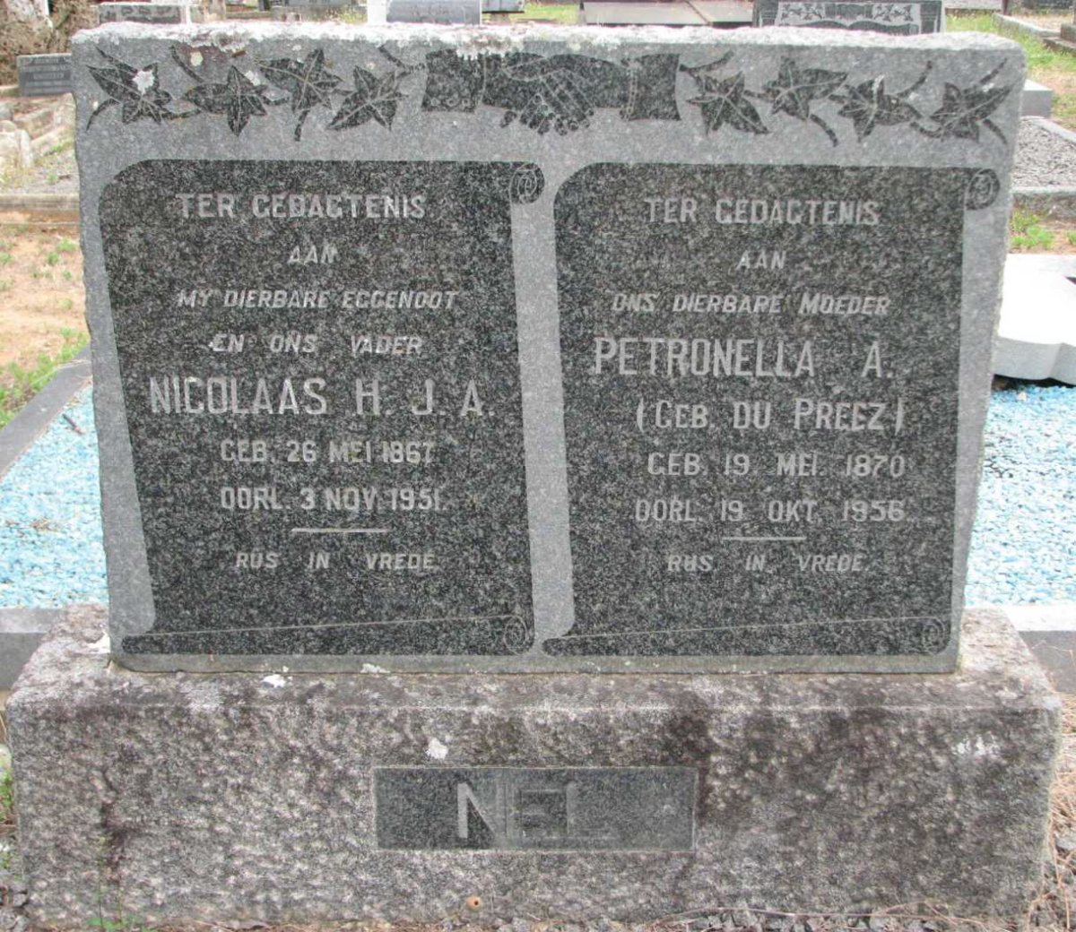 NEL Nicolaas H.J.A. 1867-1951 &amp; Petronella A. DU PREEZ 1870-1956
