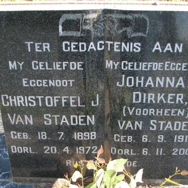 STADEN Christoffel J., van 1898-1972 &amp; Johanna C. DIRKER 1914-2001