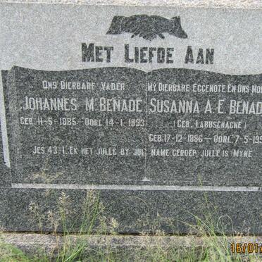 BENADE Johannes M. 1885-1953 &amp; Susanna A.E. LABUSCHAGNE 1886-1952