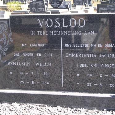 VOSLOO Benjamin Welch 1921-1984 &amp; Emmerentia Jacoba KRITZINGER 1924-2003