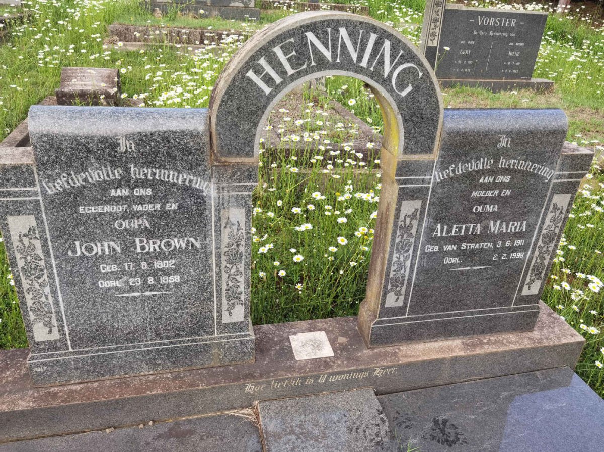 HENNING John Brown 1902-1958 &amp; Aletta Maria VAN STRATEN 1911-1998