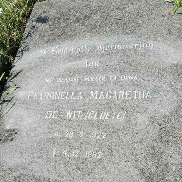 WIT Petronella Magaretha, de nee CLOETE 1922-1992