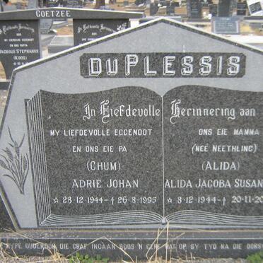 PLESSIS Adrie Johan, du 1944-1995 &amp; Alida Jacoba Susanna NEETHLING 1944-2012
