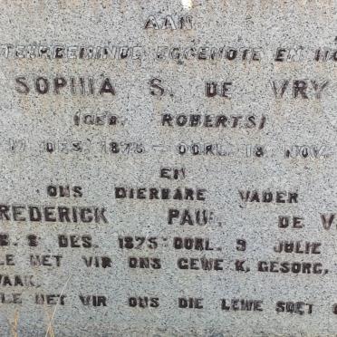 VRY Frederick Paul, de 1875-1948 &amp; Sophia S. ROBERTS 1875-1943 