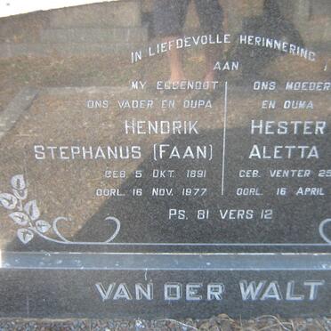 WALT Hendrik Stephanus, van der 1891-1977 &amp; Hester Aletta VENTER 1902-1989