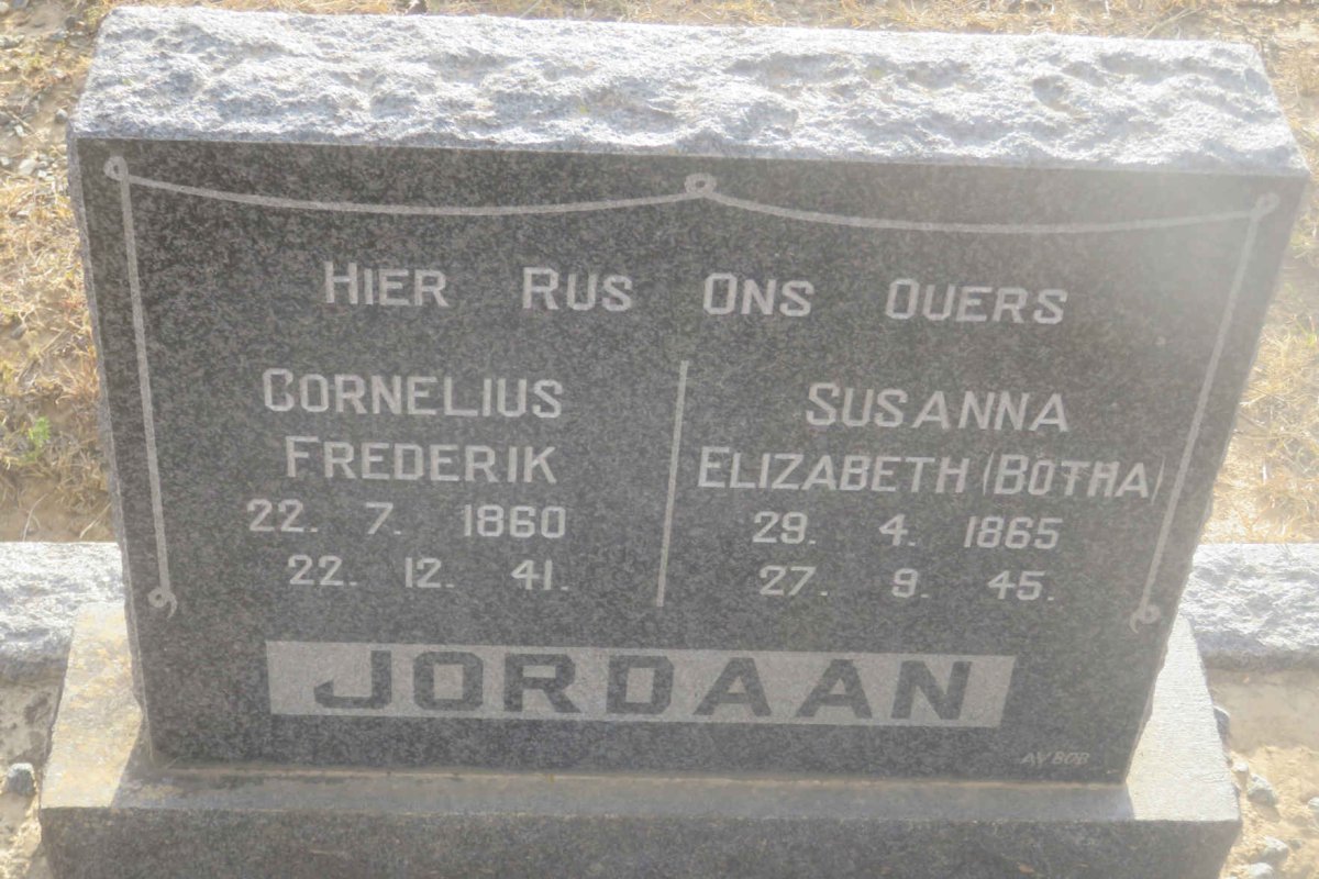 JORDAAN Cornelius Frederik 1860-1941 &amp; Susanna Elizabeth BOTHA 1865-1945