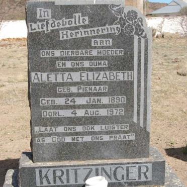 KRITZINGER Aletta Elizabeth nee PIENAAR 1890-1972