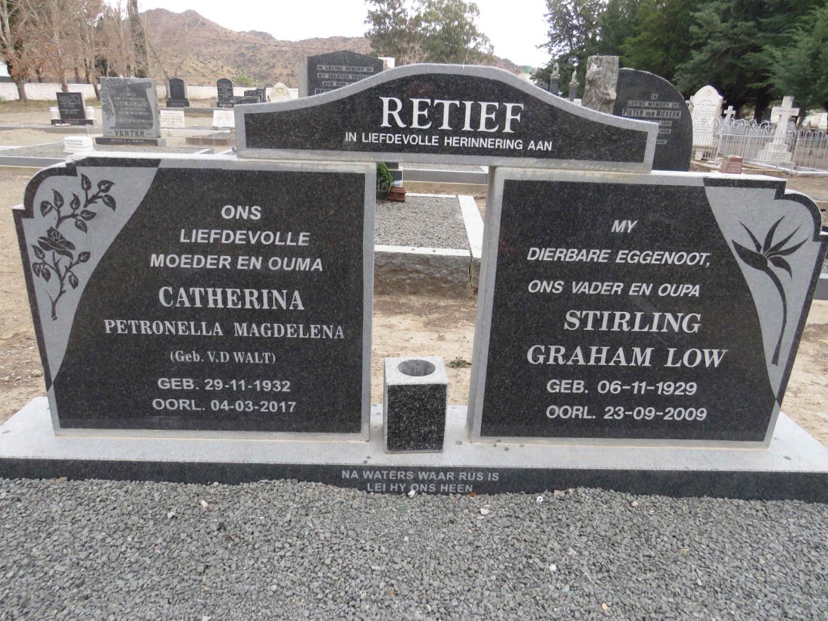 RETIEF Stirling Graham Low 1929-2009 & Catharina Petronella Magdalena V.D. WALT 1932-2017