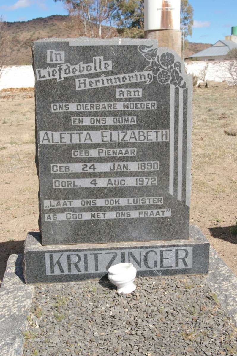KRITZINGER Aletta Elizabeth nee PIENAAR 1890-1972