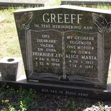 GREEFF F.J.T.1922-1998 &amp; Alice Maria 1927-1987