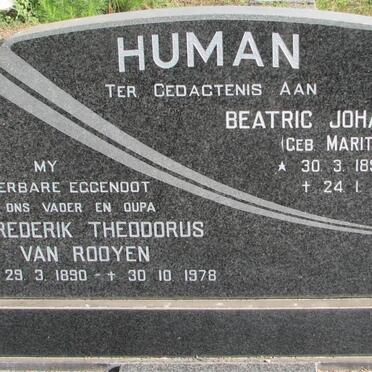 HUMAN Frederik Theodorus Van Rooyen 1890-1978 &amp; Beatric Johanna MARITZ 1895-1983