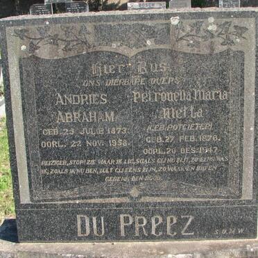 PREEZ Andries Abraham, du 1873-1958 &amp; Petronella Maria Aletta POTGIETER 1876-1947