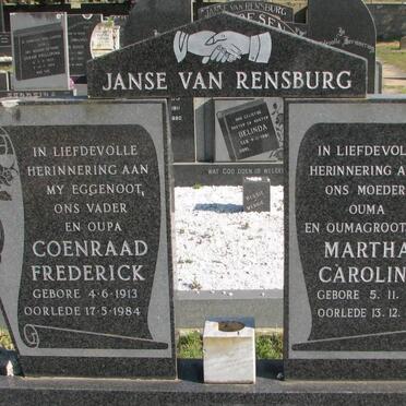 RENSBURG Coenraad Frederick, Janse van 1913-1984 &amp; Martha Carolina 1918-2004