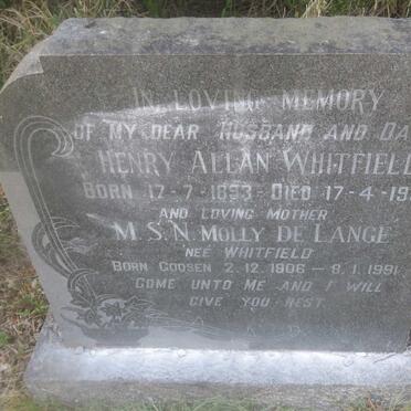 WHITFIELD Henry Allan 1893-1935 &amp; M.S.N. DE LANGE nee GOOSEN 1906-1991