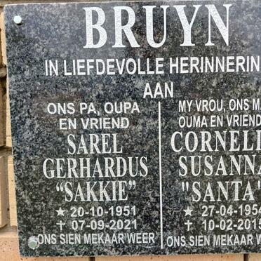 BRUYN Sarel Gerhardus 1951-2021 &amp; Cornelia Susanna 1954-2015