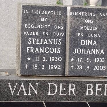 BERG Stefanus Francois, van der 1930-1992 &amp; Dina Johanna 1933-2005