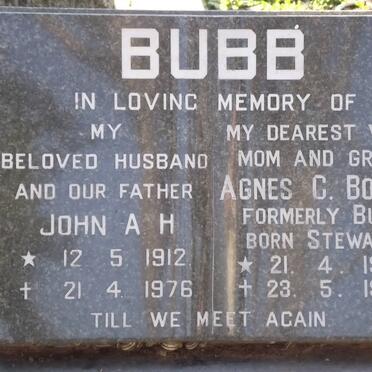BUBB John A.H. 1912-1976 &amp; Agnes C. STEWART 1919-1996
