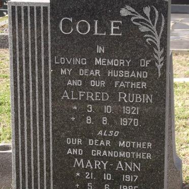 COLE Alfred Rubin 1921-1970 &amp; Mary-Ann 1917-1985