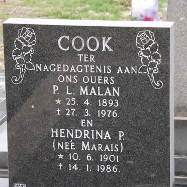 COOK P.L.Malan 1893-1976 &amp; Hendrina P. MARAIS 1901-1986
