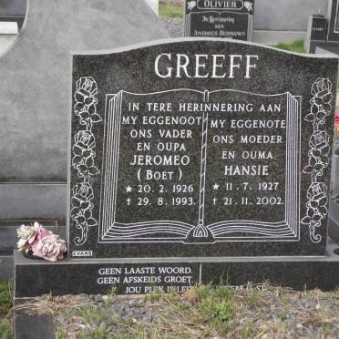 GREEFF Jeromeo 1926-1993 &amp; Hansie 1927-2002